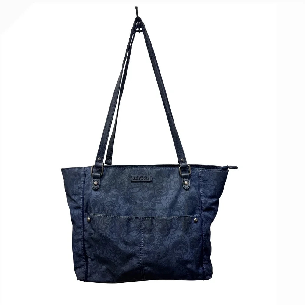 Sakroots Artist Circle Navy Blue Floral Print Large Zip Top Tote Shoulder Bag